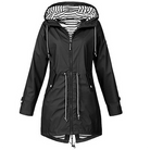 Damen-Regenmantel in Schwarz mit Kapuze, Kordelzug und Reißverschluss. Wasserdicht, modisch, ideal für Outdoor-Aktivitäten und Regenwetter.