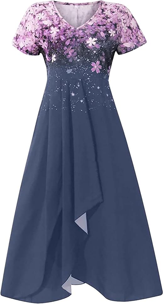 Blaues Kleid mit rosa Blumenmuster, V-Ausschnitt, kurzärmelig, elegantes Design.