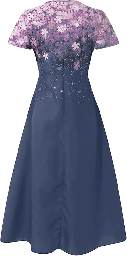 Rosa-blaues Damenkleid mit Blumenmuster, kurzärmelig, elegantes Design, knielang.