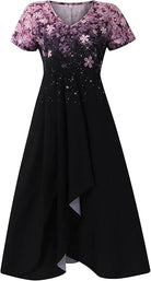 Schwarzes Kleid mit rosa Blumenmuster, V-Ausschnitt, kurzärmelig, elegantes Design.
