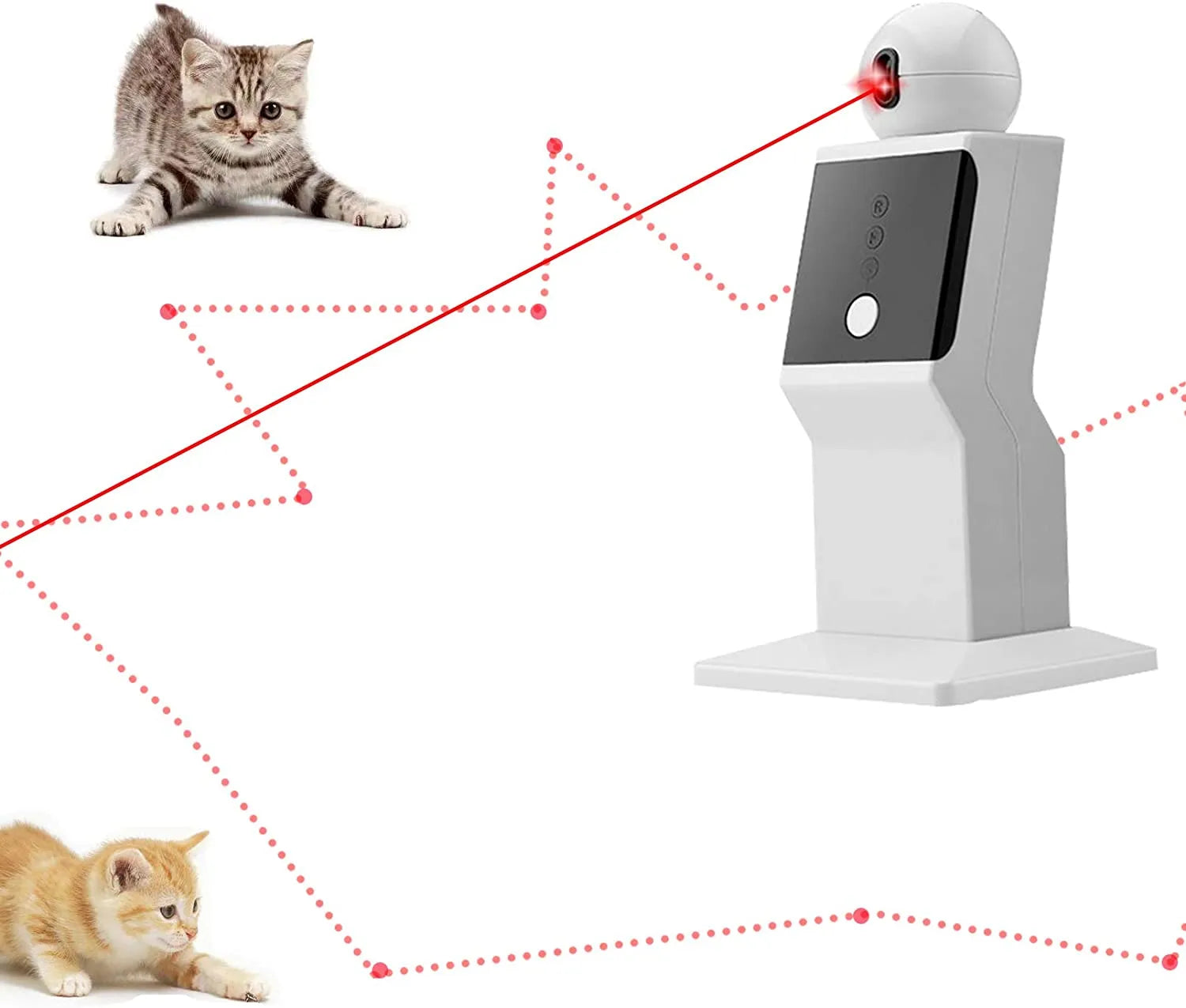 Automatischer Katzenlaser-Spielzeug, weiß, interaktiv, für Haustiere, mit zwei spielenden Kätzchen.