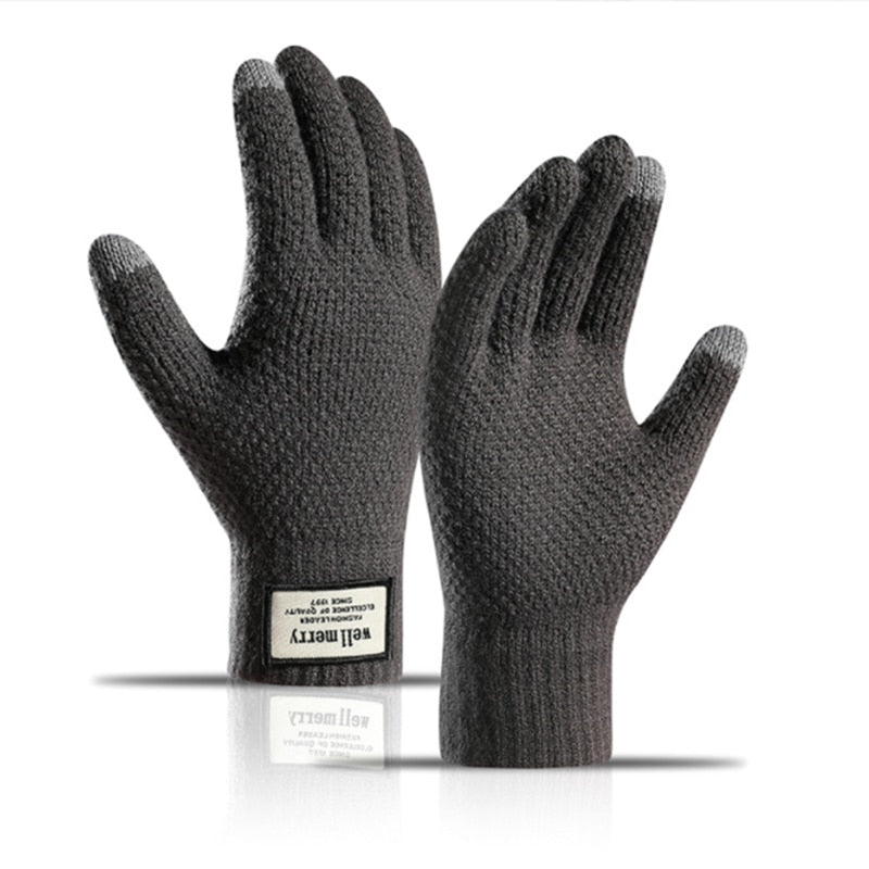 Warme, graue Strickhandschuhe mit Touchscreen-Funktion, ideal für Winter und Outdoor-Aktivitäten. Hochwertige Materialien, stilvolles Design.