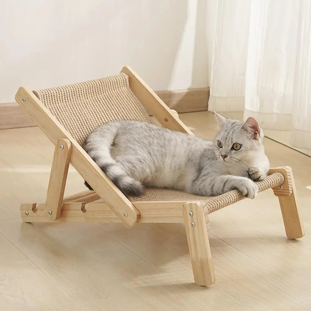 Graue Katze auf Holz-Katzenbett, modernes Design, gemütlich, Haustiermöbel, Wohnzimmer.
