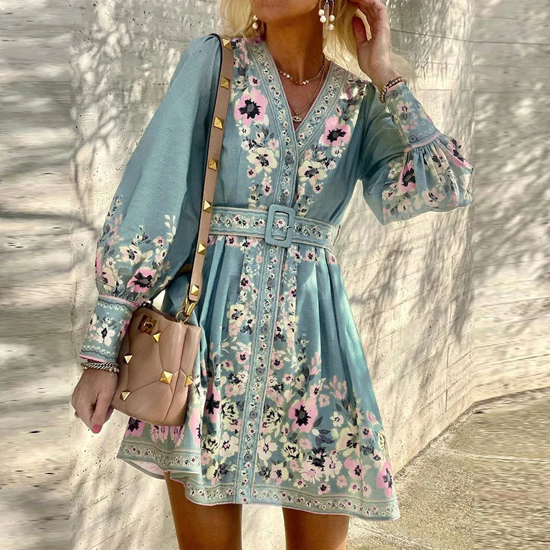 Elegantes Damenkleid mit floralem Muster, langen Ärmeln und Gürtel. Perfekt für Frühling und Sommer. Modetrend 2023, stilvoll und feminin.