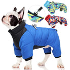 Französische Bulldogge in blauem Hundemantel, wasserdicht, warm, mit Camouflage-Optionen. Perfekt für kaltes Wetter, stilvoll und funktional.