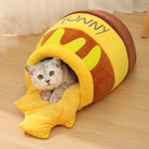 Katzenbett Honigtopf Design, gelb-braun, Plüsch, gemütlich, Haustier Schlafplatz, Katzenhöhle.