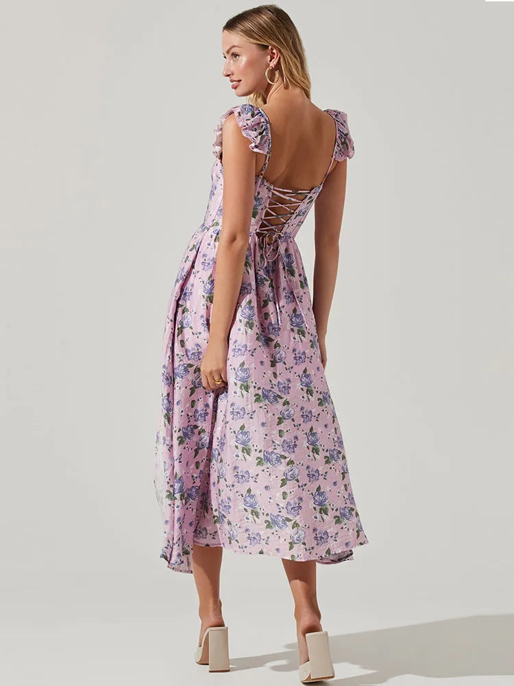 Damen-Sommerkleid mit floralem Muster, Rückenausschnitt und Schnürung, ärmellos, knielang, ideal für elegante Anlässe und Freizeitmode.