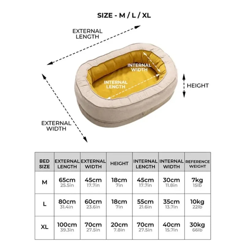 Hundebett beige, oval, Größen M/L/XL, weiches Material, Maße und Gewichtstabelle, komfortabel.