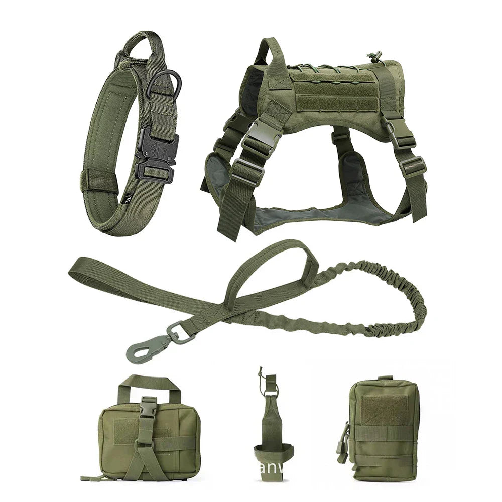 Olivgrünes Hundegeschirr-Set mit Leine, Tasche und Zubehör für Outdoor-Aktivitäten.