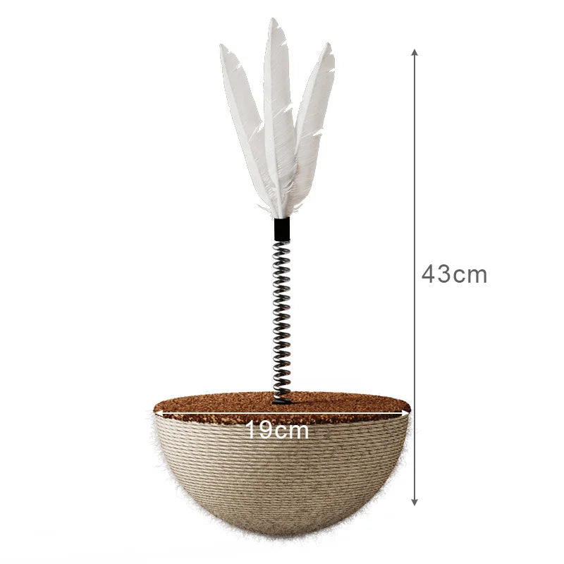 Katzenspielzeug mit Feder, 43cm hoch, 19cm Basis, Kratzball, interaktives Spielzeug, beige.