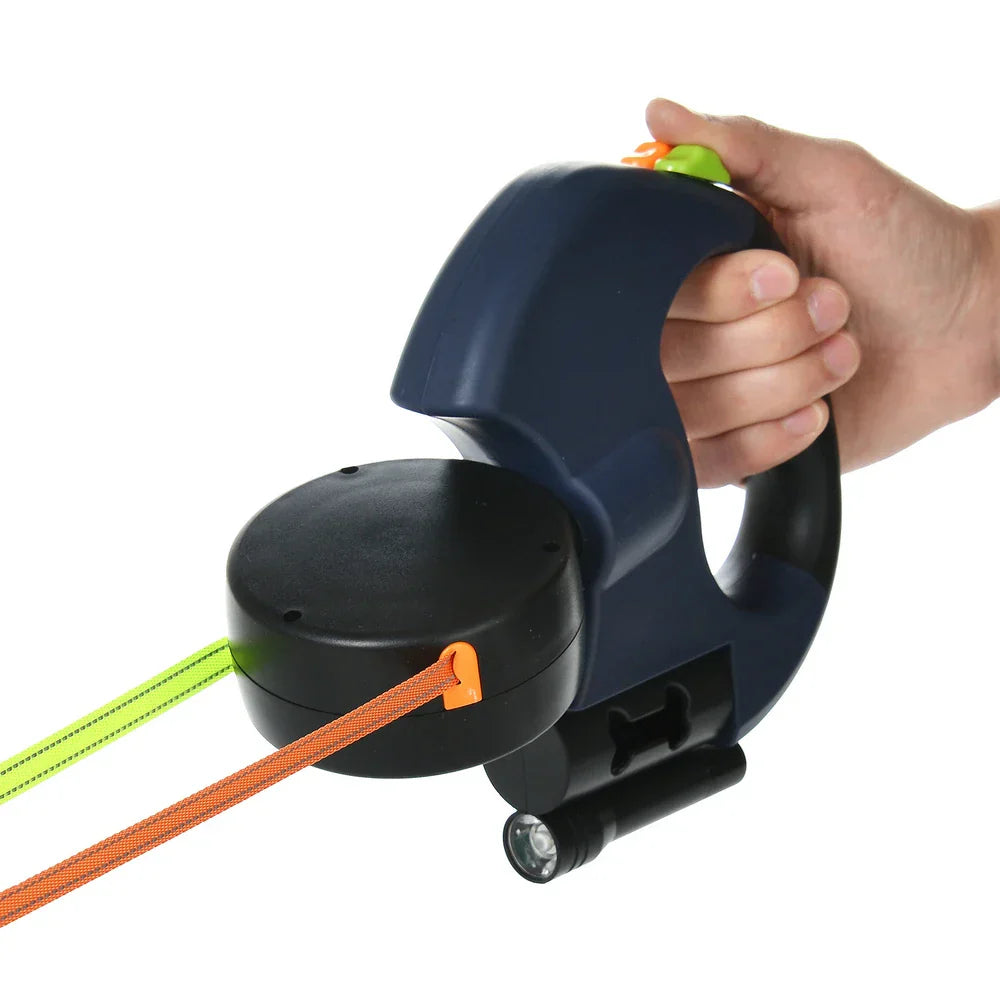 Hundeleine mit LED-Licht, einziehbar, schwarz, ergonomischer Griff, für Hundeauslauf.