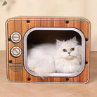Weiße Katze in Retro-Fernseh-Katzenhaus aus Holzoptik, gemütlich liegend.