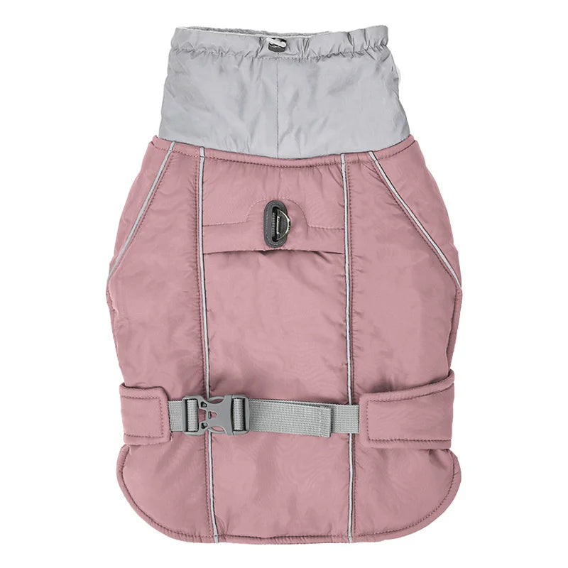 Hundemantel rosa, wasserdicht, reflektierend, mit verstellbarem Verschluss. Ideal für kaltes Wetter, schützt vor Regen und Wind. Perfekt für Spaziergänge.