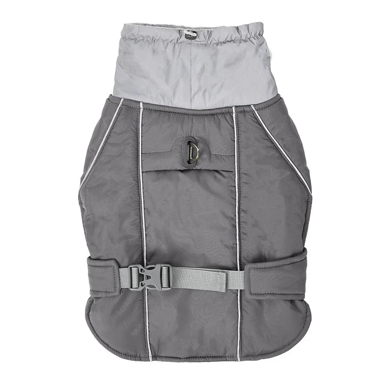 Grauer Hundemantel, wasserdicht, reflektierend, mit verstellbarem Gurt. Ideal für kaltes Wetter, bietet Schutz und Sichtbarkeit für Hunde.