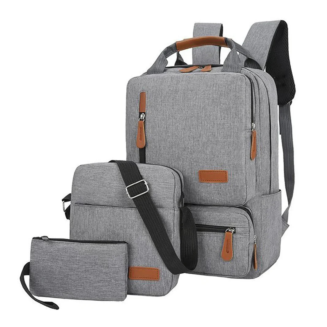 Grauer Rucksack-Set mit Laptopfach, Umhängetasche und Etui, ideal für Schule und Reisen.