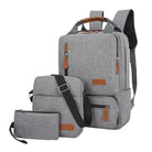 Grauer Rucksack-Set mit Laptopfach, Umhängetasche und Etui, ideal für Schule und Reisen.