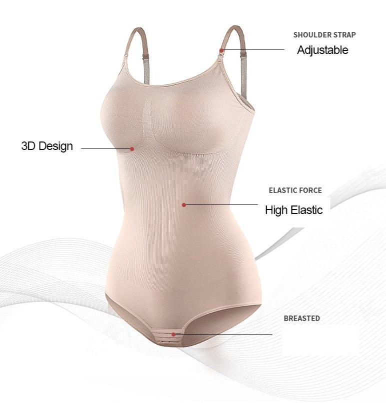 Nahtloser Damen-Body in Beige mit verstellbaren Trägern, 3D-Design und hoher Elastizität. Perfekt für bequeme, formende Unterwäsche.