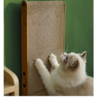 Katze kratzt an Wand-Kratzbrett aus Holz und Sisal, Katzenzubehör, Kratzbaum, grünem Hintergrund.