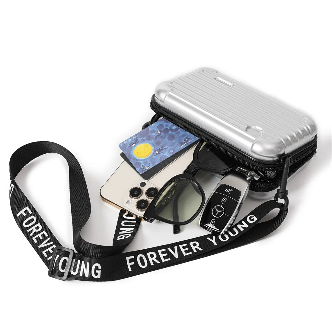 Silberne Mini-Koffer-Umhängetasche mit Handy, Sonnenbrille, Autoschlüssel und Kreditkarte.