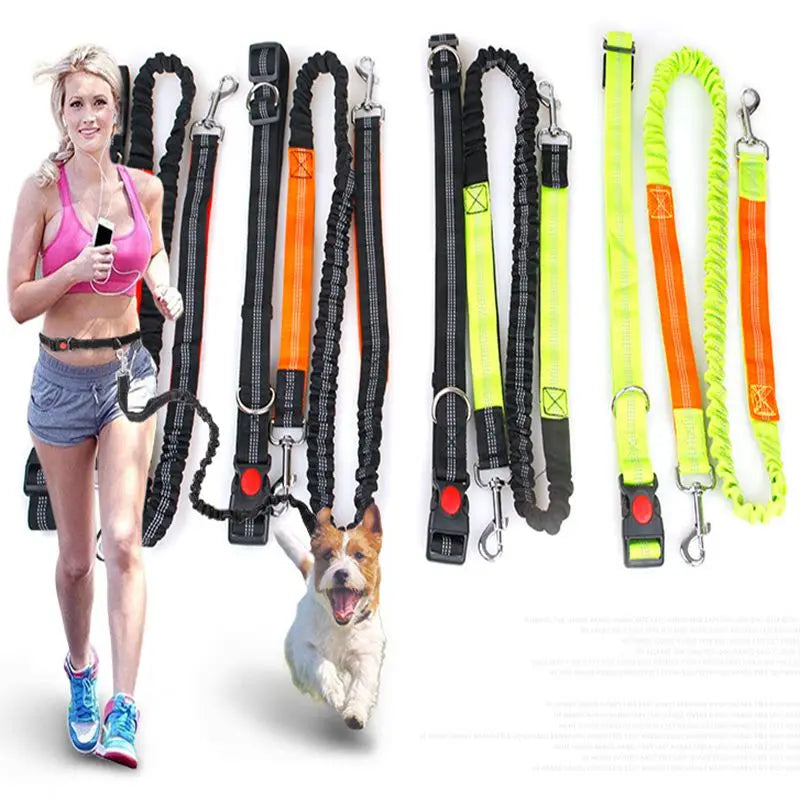 Frau joggt mit Hund an elastischer, reflektierender Hundeleine in Neonfarben.