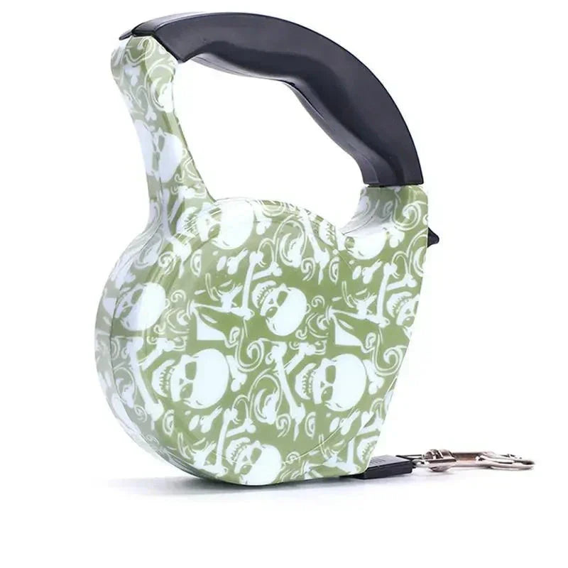 Grüne Hundeleine mit Totenkopf-Design, ausziehbar, ergonomischer Griff, für Hunde.
