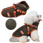 Wasserdichter Hundemantel, olivgrün mit orangefarbenen Akzenten, ideal für kleine Hunde. Perfekt für kaltes Wetter und Outdoor-Abenteuer.