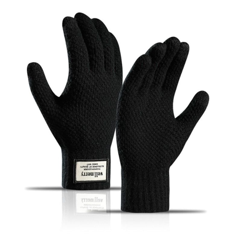Schwarze Strickhandschuhe aus Wolle, warm und stilvoll, ideal für Wintermode. Perfekt für Herren und Damen, vielseitig und komfortabel.