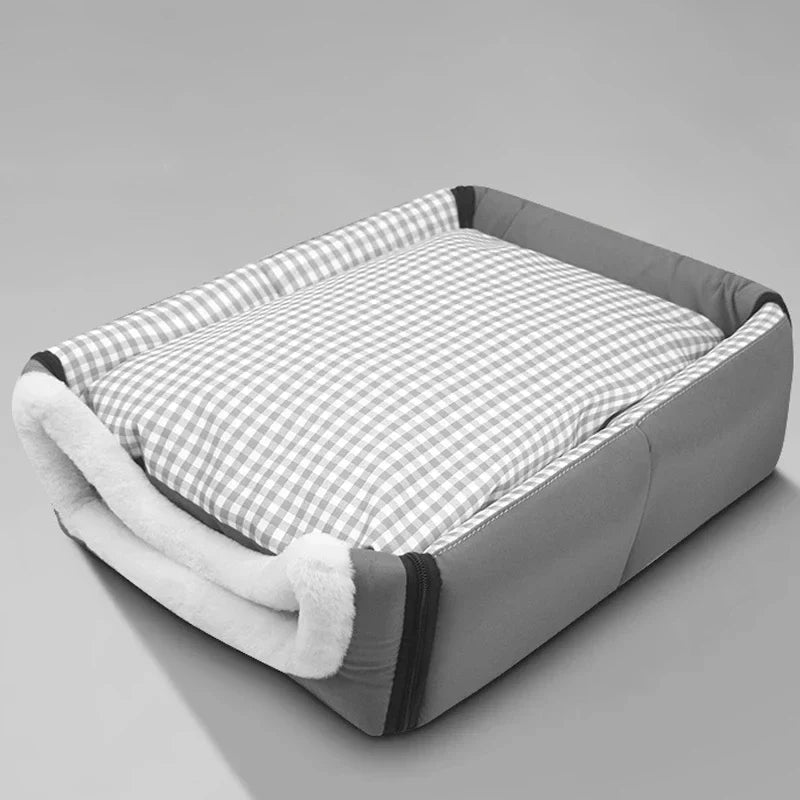 Graues Hundebett mit kariertem Kissen, rechteckig, waschbar, bequem, Haustierzubehör.