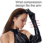 Damen in schwarzem Latex-Handschuh, eng anliegend, ideal für Mode, Fetisch, Kostüme. Hochwertiges Material, glänzend, stilvoll.