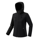 Schwarze Damen-Softshelljacke mit Kapuze, winddicht und wasserabweisend. Ideal für Outdoor-Aktivitäten. Funktionale Freizeitbekleidung.