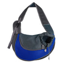 Blaue Hundetragetasche aus Netzstoff, ergonomisch, verstellbarer Gurt, ideal für Reisen.