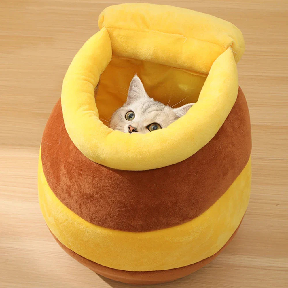 Katzenbett Honigtopf-Design, gelb-braun, Plüsch, gemütlich, Haustierbett für Katzen.