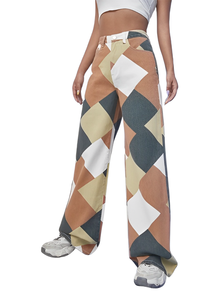 Weite Hose mit geometrischem Muster in Braun, Beige und Weiß. Modische Damenbekleidung, ideal für trendige Streetwear-Looks.