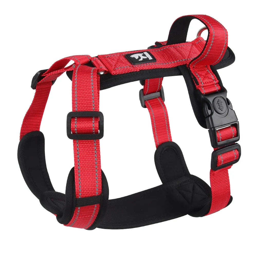 Rotes Hundegeschirr, verstellbar, strapazierfähig, mit Schnallenverschluss, für Outdoor-Aktivitäten.