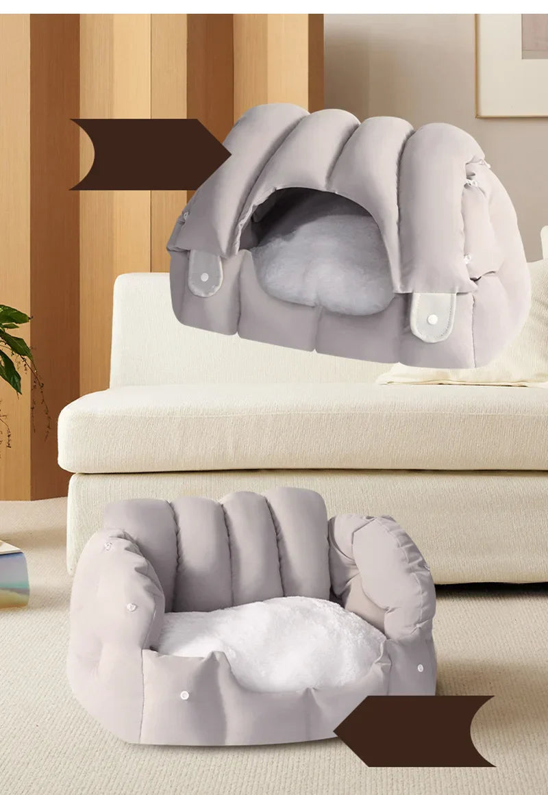 Hundebett aus grauem Stoff, wandelbar, gemütlich, mit weichem Innenfutter, modernes Design.
