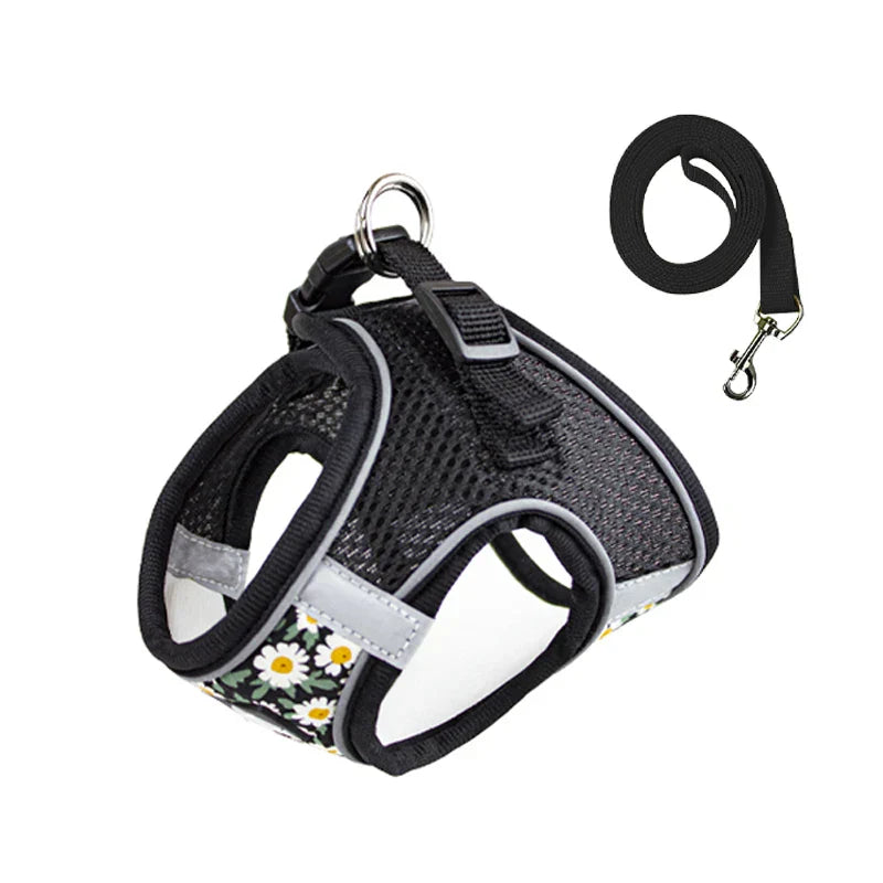 Schwarzes Hundegeschirr mit Blumenmuster und passender Leine, atmungsaktiv, verstellbar.