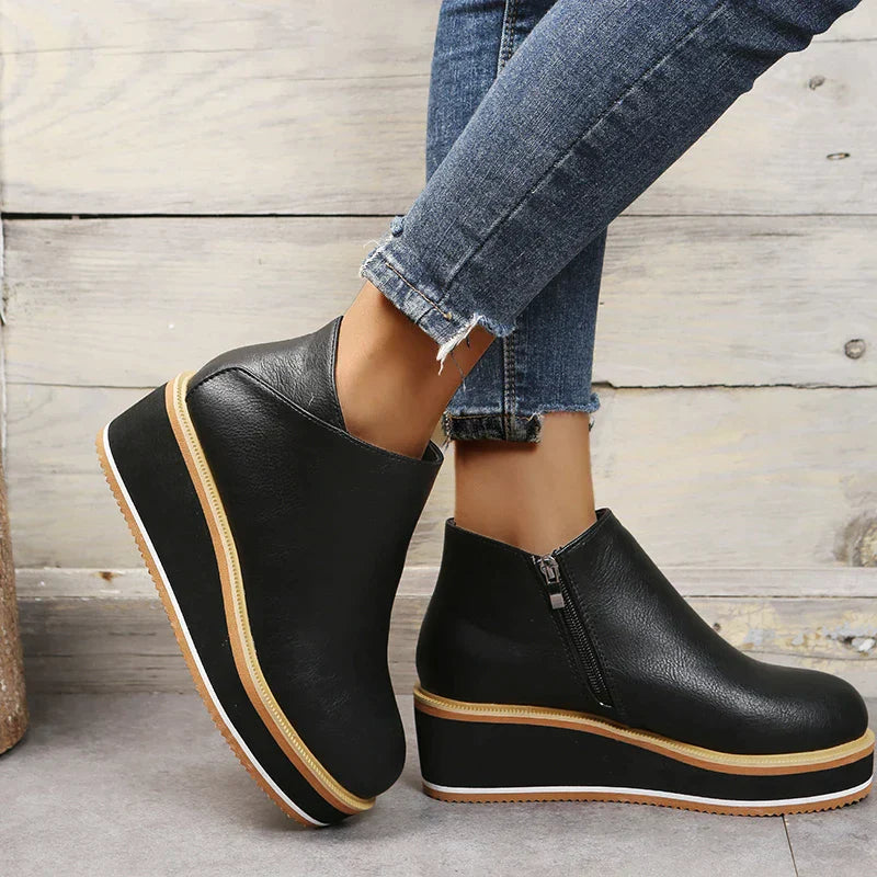 Schwarze Plateau-Stiefeletten mit Reißverschluss, Damenmode, bequeme Schuhe, trendige Herbst-Winter-Schuhe, elegantes Design, hohe Sohle.