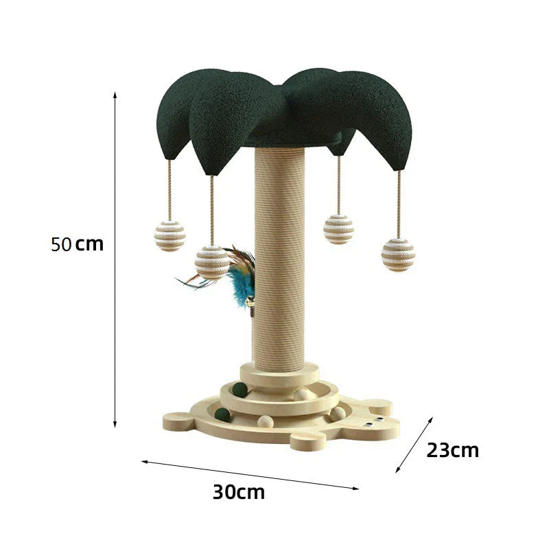 Kratzbaum für Katzen, Palmenform, 50cm hoch, mit Spielbällen, Sisal, beige und grün.