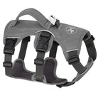 Graues Hundegeschirr, verstellbar, robustes Nylon, reflektierend, für Outdoor-Aktivitäten.