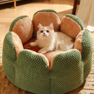 Kuscheliges Katzenbett in Blütenform, grün und beige, weiches Material, gemütlicher Schlafplatz.