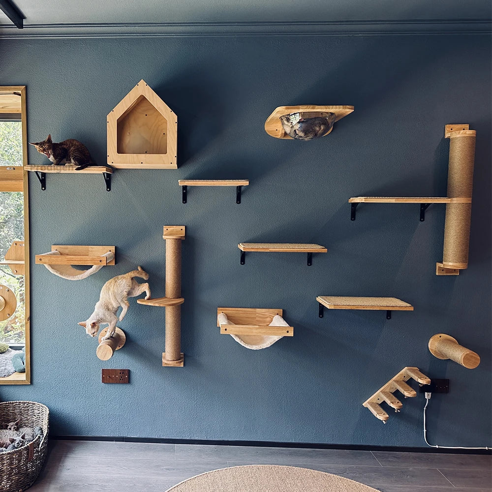 Katzenkletterwand aus Holz mit mehreren Plattformen und Kratzbäumen an blauer Wand.