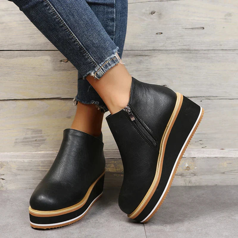 Schwarze Plateau-Stiefeletten mit Reißverschluss, Damenmode, bequeme Schuhe, trendige Herbst-Winter-Schuhe, elegantes Design, rutschfeste Sohle.
