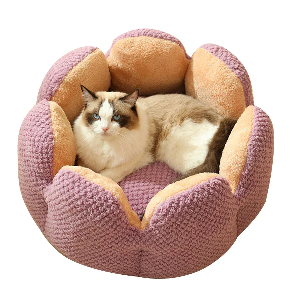 Katzenbett Blume Design, rosa und beige, Plüsch, gemütlich, für Katzen, Haustierbedarf.