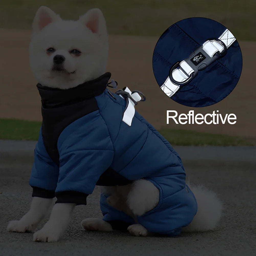 Reflektierender Hundemantel in Blau, ideal für kalte Tage. Wasserdicht, warm und sicher, perfekt für Spaziergänge bei Dunkelheit.