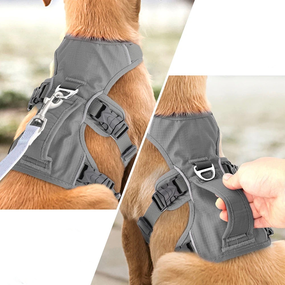 Graues Hundegeschirr mit robusten Schnallen und Griff, ideal für Spaziergänge und Training. Verstellbar, bequem und sicher für Hunde.