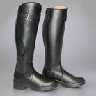 Schwarze Reitstiefel aus Leder, knielang, mit Schnalle. Ideal für Reitsport, langlebig und stilvoll. Perfekte Passform und Komfort.