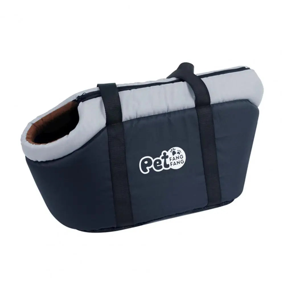 Schwarze Haustiertragetasche mit Logo, weiches Innenfutter, ideal für Hunde und Katzen.