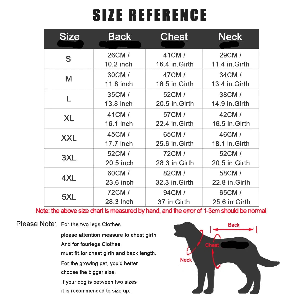Größentabelle für Hundebekleidung: Größen S bis 6XL, Maße für Rücken, Brust und Hals. Perfekt für die Auswahl passender Hundekleidung.