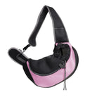 Rosa und schwarze Hundetragetasche, atmungsaktives Mesh, verstellbarer Schultergurt.