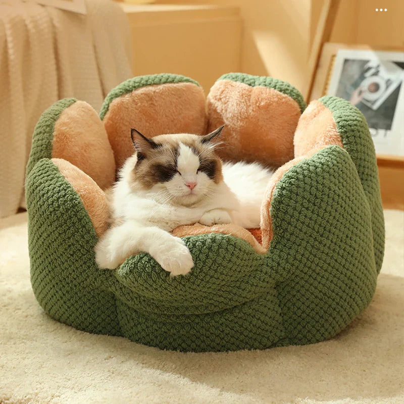 Katzenbett grün Plüsch, gemütlich, rund, für Haustiere, Schlafplatz, weiches Material, Wohnzimmer.